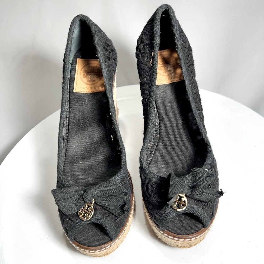Tory Burch Espadrille 6.5 Platform Wedge Slip On Black Lace Peep Toe Shoes Women